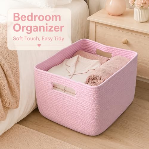 Image of Cotton Rope Laundry Basket Extra Large, 25.4GAL Collapsible Woven Storage Baskets for Living Room Kids Toys Stuffed Animal,Boho Rectangular Decorative Hamper for Dirty Clothes, Blankets Light Pink