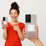 Wireless City Square Phone Mirror Stick-On, Silver Diamond Bling Mini Makeup Mirror with Cubic Zirconia, 5cm Adhesive Mirror Sticker for Phone Case, Touch-Up Selfie Mirror for Women