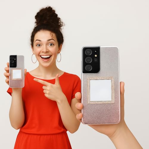 Wireless City Square Phone Mirror Stick-On, Silver Diamond Bling Mini Makeup Mirror with Cubic Zirconia, 5cm Adhesive Mirror Sticker for Phone Case, Touch-Up Selfie Mirror for Women