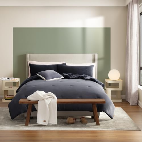 Image of UGG Remina Comforter Set 5 Piece Bed in a Bag with Throw Blanket, Decorative Pillow, Shams, and Reversible Comforter Hypoallergenic Washable Luxury Plush Warm Plush Fluffy Bedding Set, King, Navy Blue