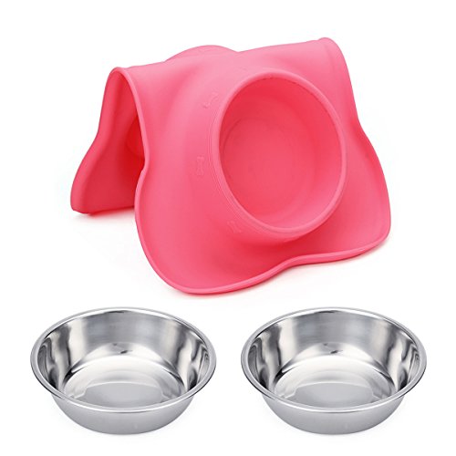 Hubulk 2 Stainless Steel Pet Dog Bowls with No Spill Non-Skid Silicone Mat + Pet Food Scoop for Feeding Dogs Cats Puppies (S, Pink)