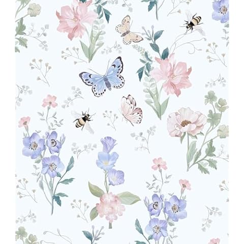 Hopepak 17.3''x197'' Floral Peel and Stick Wallpaper Boho Flower Contact Paper Self Adhesive Removable Wallpaper Multicolor Floral Butterfly Wallpaper for Bedroom Living Room Bathroom Cover