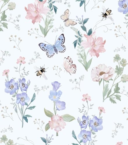 Hopepak Floral Peel and Stick Wallpaper Modern Contact Paper Self Adhesive Removable Butterfly Wall Paper for Bedroom Living Room Bathroom Cabinets Decor 17.3''x78.7''