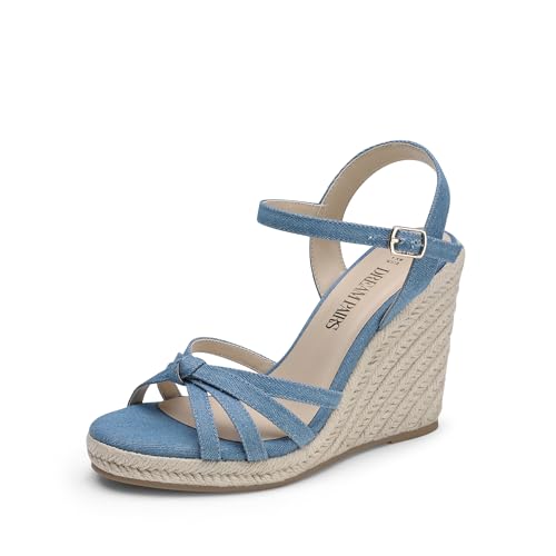 DREAM PAIRS Wedge Sandals for Women Dressy Summer, Platform Espadrille Strappy Casual Braided Heels Comfortable with Open Toe and Ankle Strap 6 Denim Blue-denim