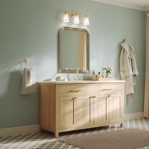 Image of Kichler Stamos 22.25 inch 3-Light Soft Modern Vanity Light with Satin Etched Glass in Brushed Gold, (8.25 inch H x 22.25 inch W), 55121BG