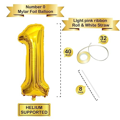 Image of 40 Inch Gold Number Balloons, Helium Mylar Foil Number Balloons for Birthday, Number 1 Balloon for 1st Birthday Decorations for Kids, Anniversary Party Decorations Supplies