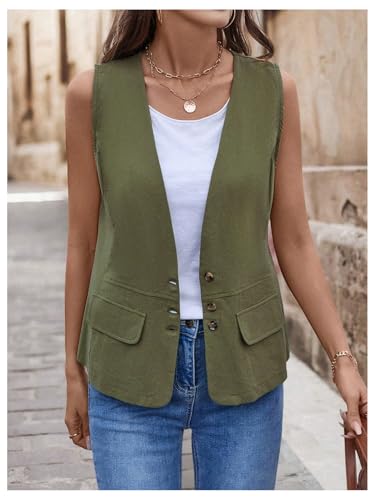 SHENHE Women's Summer Linen Vest Outerwear Button Down Lightweight Sleeveless Jacket Vest3