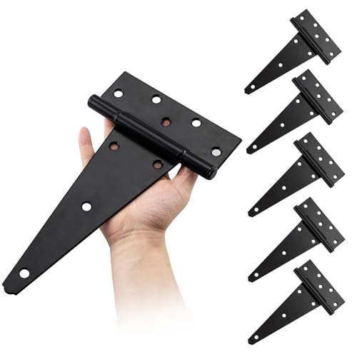 HOME MASTER HARDWARE 10 Inch T-Strap Heavy Duty Shed Door Hinges-Black for Outdoor Barns and Wooden Fences 6 Pack with Screws