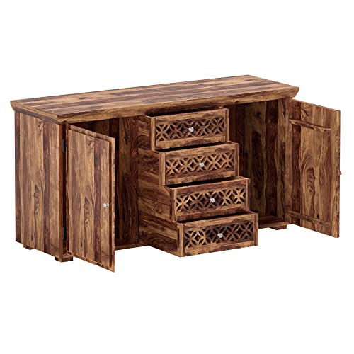Image of SHIKHA WOOD CRAFT Solid Sheesham Wood Sideboard Cabinet with 2 Doors & 4 Drawers Storage | Wooden Kitchen Cabinet, Crockery Unit, Dining Room Organizer, Living Room Storage Furniture (Natural Finish)