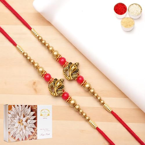 Ghasitaram Gifts Jaiccha Rakhis for Brother Rakhis Online - Set of 2 - Y-26 Ganesha divine Rakhi with 200 gms of Kaju katli