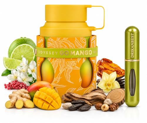 Odyssey Mango Go Eau de Parfum 100 ml, Perfume Unisex Tropical de Larga Duración + Atomizador Recargable Drikanbest 5 ml de Regalo