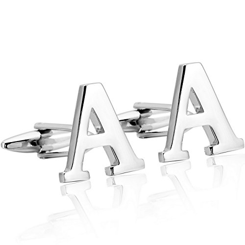 MOWOM Silver Tone 2PCS Rhodium Plated Cufflinks Initial Letter Capital Alphabet A Shirt Wedding
