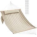 CHULIM Double Quilted Fabric Hammock with Hardwood Spreader Bars and Pillow 450 LBS Capacity 2 Person Hammock Large Hammock for Outdoor Patio Backyard Poolside - Tan
