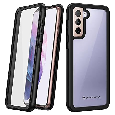 seacosmo for Samsung S21 Case, Full Body Shockproof Cover [with Built-in Screen Protector] Slim Fit Bumper Protective Phone Case for Samsung Galaxy S21 5G 6.2 inch- Black/Clear Cover
