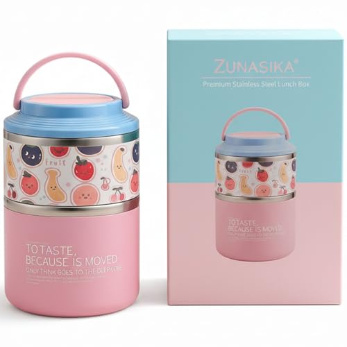 Image of 1060ml Insulated Stainless Steel Lunch Box for Kids & Adults | Double Wall Thermal Food Jar | Leakproof Hot & Cold Tiffin Box with Handle | BPA-Free Food Container for School, Office & Travel (Pink)