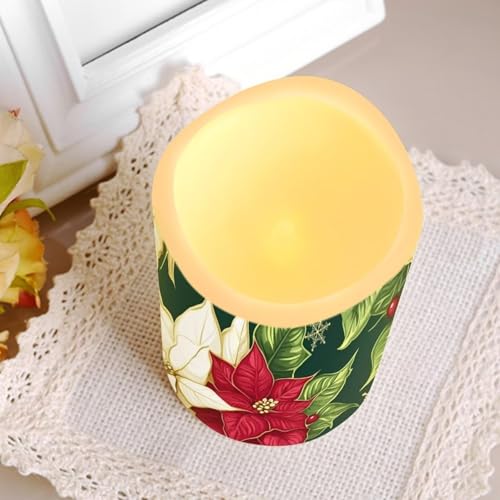 Image of Poinsettia Plastic Flameless Candles with Remote Christmas LED Flickering Battery Operated Color Changing Electric Pillar Candles Christmas Decorations