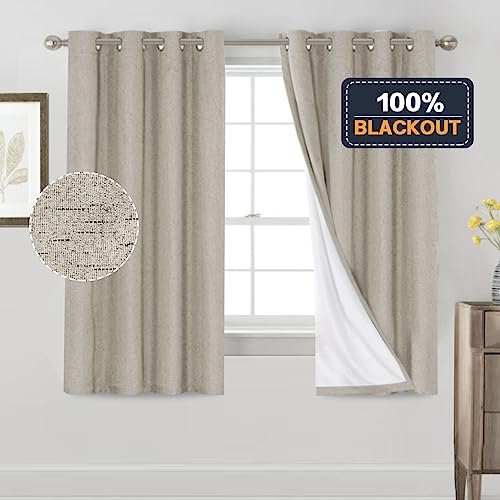Image of PrinceDeco 100% Black Out Curtains 63 Inch Length,Thermal Insulated Short Textured Grommets Curtains 2 Panels Set,Noise Reducing Window Treatment with White Liner, 52 inch W x 63 inch L,Stone