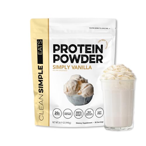 Clean Simple Eats Whey Protein Powder, Simply Vanilla Flavor Naturally Sweetened, 100% Grass Fed Protein Powder with Digestive Enzymes & No Artificial Ingredients, Gluten Free, 30 Servings