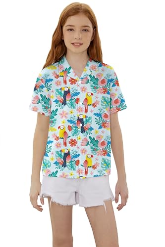 Image of SANGTREE Girls & Women's Hawaiian Shirts Button Down Short Sleeve Floral Tropical Shirt Beach Vacation Blouse Tops