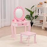 Woodenland Wooden Kids Vanity Set with Mirror and Stool, Princess Makeup Dressing Table, Pretend Play Vanity Set for Girls