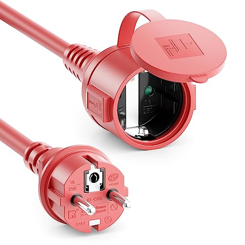 deleyCON 5m Outdoor Verlängerungskabel Stromkabel IP44 (H07RN-F 3G1.5mm) Strom Verlängerung Witterungsbeständiges Gummi-Kabel für Außenbereich - Schutzkontakt Stecker auf Buchse - Rot