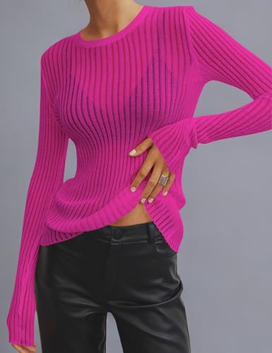 Image of KAMISSY Women See Through Crew Neck Sheer Mesh Knitted Sweater Solid Basic Long Sleeve Loose Fit Knit Pullover Jumper Top