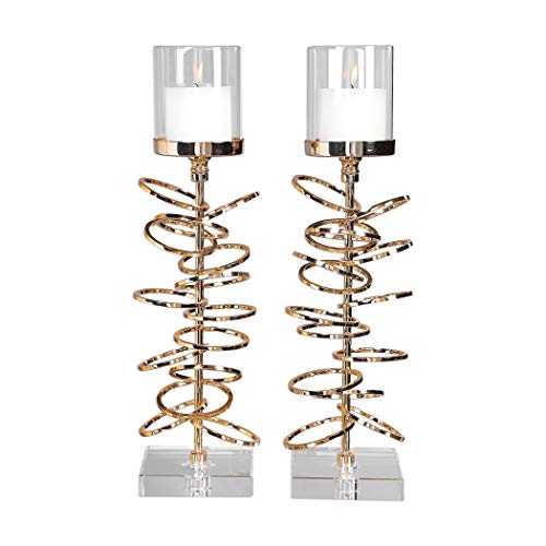 MY SWANKY HOME Luxe Stacked Gold Rings Pillar Candle Holder Set 2 | Entwined Circles Open Chain