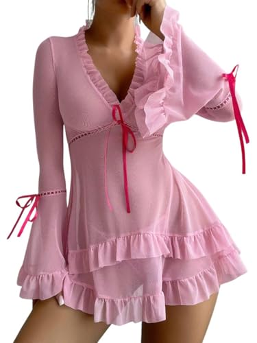 Rayson Femme Nuisette Transparente Volants Con String Chemise EE Nuit Col V Manches Longues Hot Lingerie Coquine Nuisettes Tenue Robe de Nuit Ensemble Lingerie...