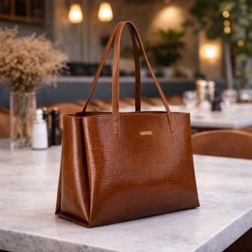 Image of LEEZEL Women's Structured Tote Bag - Large Capacity Work & Travel Purse Croco Pattern Vegan Leather Stylish Tote Bag Classic Everyday Shoulder Bag