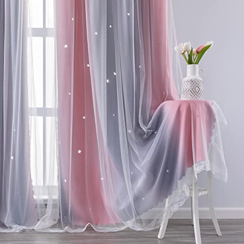 Image of XiDi Curtains for Bedroom Decor, Rainbow Pink-Grey-34-45