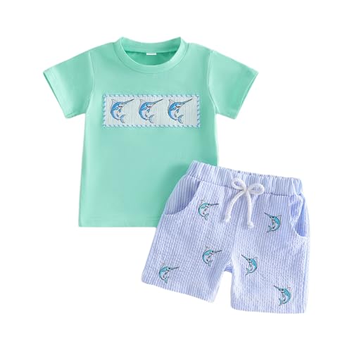 Bagilaanoe 2PCS Summer Outfit Toddler Baby Boy Sailboat/Helicopter/Fish Short Sleeve T-Shirt Plaid Shorts Set (Light Green 3-4T)