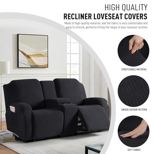 Image of KinCam Loveseat Recliner Covers with Middle Console Slipcover, Recliner Sofa Covers 2 Seat Couch Cover Stripe Jacquard Furniture Protector Covers with Elastic Bottom for Kids, Pets (Black)