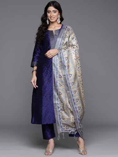 Image of Varanga Women Embroidered Straight Kurta Pant Set with Dupatta | Silk Blend Fabric | 3 /4 Sleeve Round Neck | Lightweight Comfortable Summer Wear