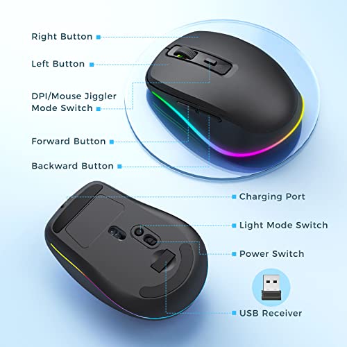 PEIOUS Wireless Mouse with Built-in Jiggler - Rechargeable Black Mouse for Undetectable Computer Activity