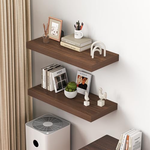 Image of Dreamland 32 inch Floating Shelves for Wall, 12 inch Deep Thicker Walnut Floating Shelves, Wall-Mounted Shelves for Bedroom, Living Room, Kitchen, Bathroom - Set of 2