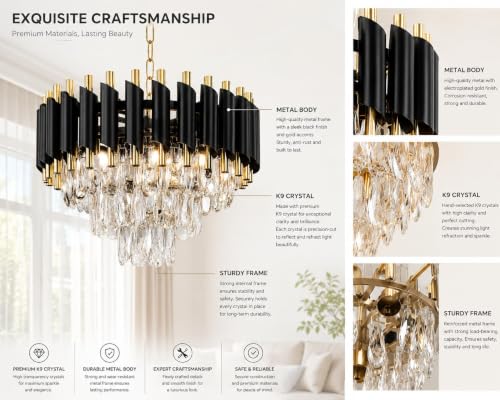 Image of Elegant Chandelier Ceiling Light for Living Room Hanging Pendant Light | Italian K9 Crystals | Metal Frame | Adjustable LED Light-Pack of 1 (Rotatable-300MM-Round-Black Gold-New)