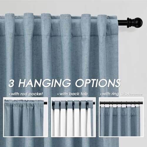 Image of Nanspring Blue 100% Blackout Linen Curtains for Bedroom 102 Inches Long Back Tab Thermal Insulated Luxury Modern Farmhouse Decor Black Out Curtain for Living Room Dining Room Drapes 52x102, 2 Panels