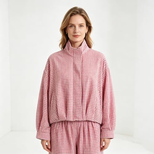 Plaid Bomber Jacket Women Oversized Cropped Funnel Neck Gingham Jacket - image 2