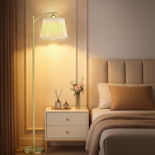 Image of Karjoefar Thickened Gauze Shade Dimmable Arc Floor Lamps for Living Room | 7W Bulb Included, 10-100% Dimmable, 67 inch Tall Vintage Gold Floor Lamp for Bedroom Living Room Office with Metal Base & Pole