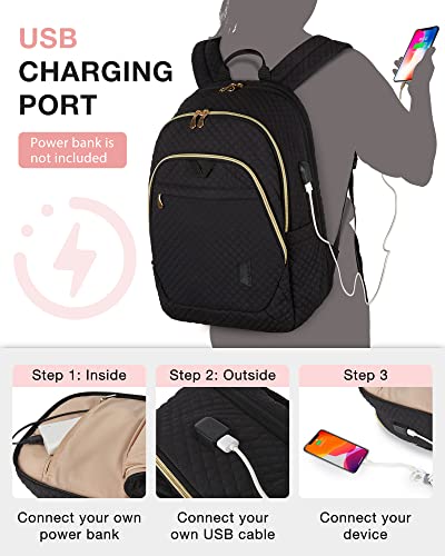 Bagsmart Travel Laptop Backpack Women, 15.6 Inch Anti Theft Laptop Backpack With Usb Charging Port, Casual Daypack College Bookbag Computer Backpack For Work, Quilted Black #TOP3