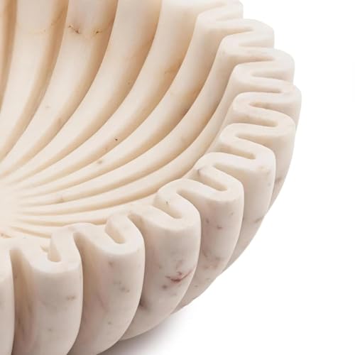 Image of Marble Urli Bowl for Decoration | Big Potpourri Decorative Bowls in Home decor | Large White Floating Flower Plates of Stone | Small Shape puja Item | (9 inch, Ruffle)