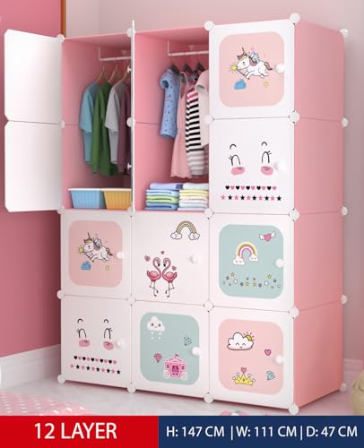 Image of Sunderlook Plastic Wardrobe for Kids Clothes - Collapsible Wardrobe, Easy to Use Anti-Skid & Non-Slip Effective Professional Foldable Plastic Cupboard for Kids, Home (Pink-KTK1, 12 Door)