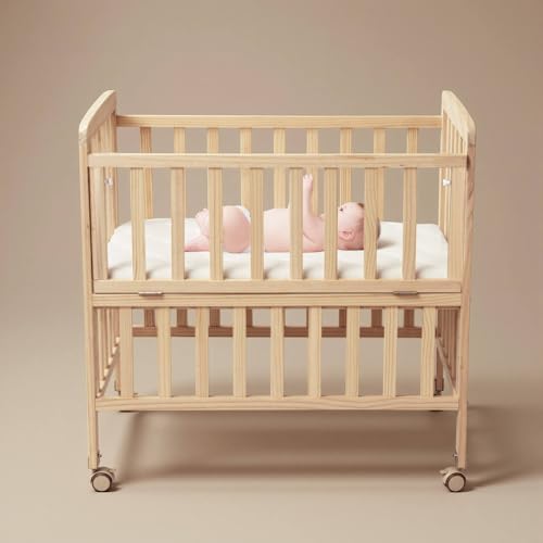 Flwrgirl Convertible Mini Baby Crib - Portable Bedside Bassinet with Mattress Included,3 Heights Baby Crib with Wheels for Small Room and Newborns 0-12 Months,Unpainted