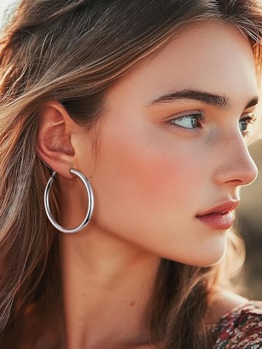Image of Stainless Steel Chunky Hoop Earrings For Women, Minimalist and Chic, Black /Gold Plated, Round Hoops Earrings Hypoallergenic, Size: 30mm /40mm /60mm /80mm, Come with Box