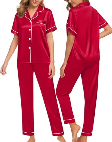 Image of SWOMOG Women Satin Pajamas Set Short Sleeve Top & Pants Sleepwear Silky Button Down Nightwear 2pcs Loungewear Pjs Set