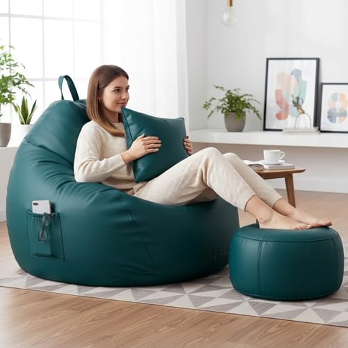 Image of KAM'S LIEU 5XL Bean Bag Combo with Footrest & Cushion | Filled with High Density EPS Beans | Comfortable Sofa for Living Room & Bedroom | 6 Months Warranty, Color- (Teal, 5XL, Classic)