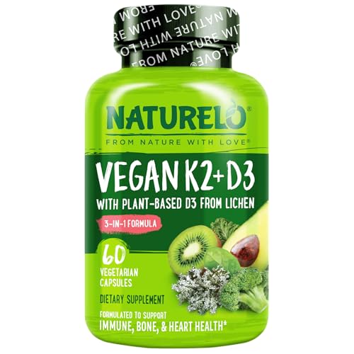 NATURELO Vitamin D3 K2 - Vegan with Plant Based D3 from Lichen - Natural Supplement for Immune System, Bone Support, Heart Health - Whole Food - Non-GMO - Gluten Free, 60 Capsules
