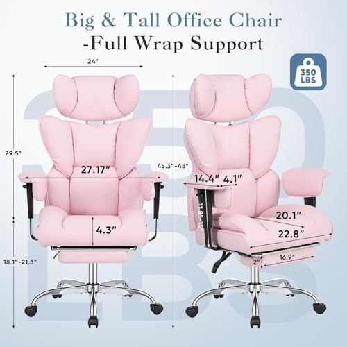 Image of Big and Tall Office Chair 350 LBS, Scratch-Resistant PU Leather Executive Office Desk Chair with Footrest, Ergonomic Reclining Computer Chair with Pocket Spring Support for Home Office, Pink