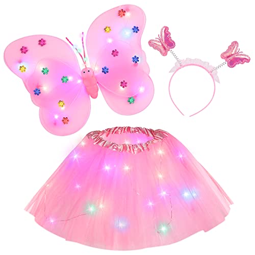 Hifot LED Lumineuse Déguisement Fée Enfant Costume, Lueur dans Papillon Fille Ailes de et Jupe Tutu Ensemble,Lumineux Fée pour Enfants 3 Pièces