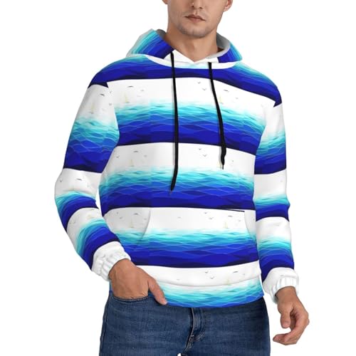 WYCZHY Sudadera con capucha para hombre, diseño de olas del océano, velero con pájaros, estilo marítimo, informal, con gráfico largo, Negro, S